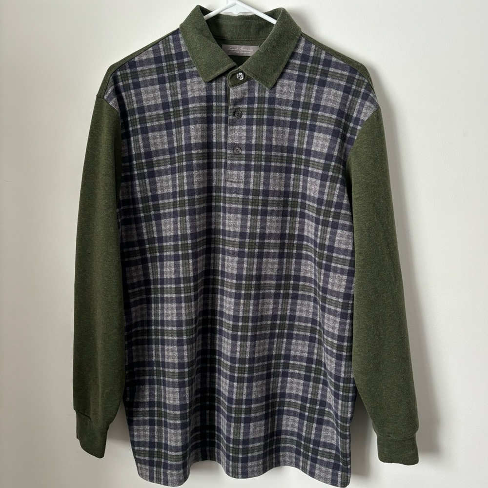 Daniel Cremieux Green & Grey Flannel Long Sleeved Polo w/ Plaid Front